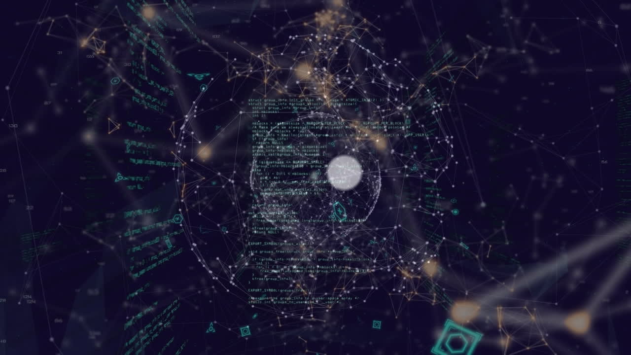 animación de la red de iconos de medios y procesamiento de datos sobre un fondo oscuro