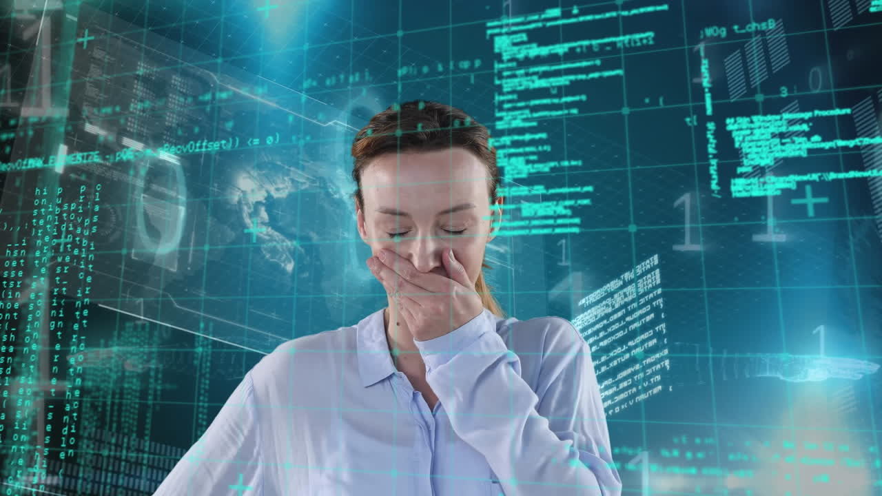 검은색 배경에 있는 백인 사업가 여성에 대한 데이터 처리 애니메이션