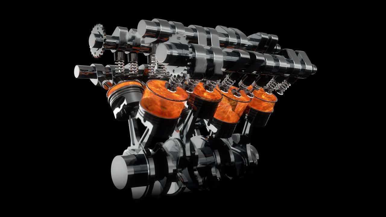 animación de motor v8 giratorio en cámara lenta con explosiones - bucle