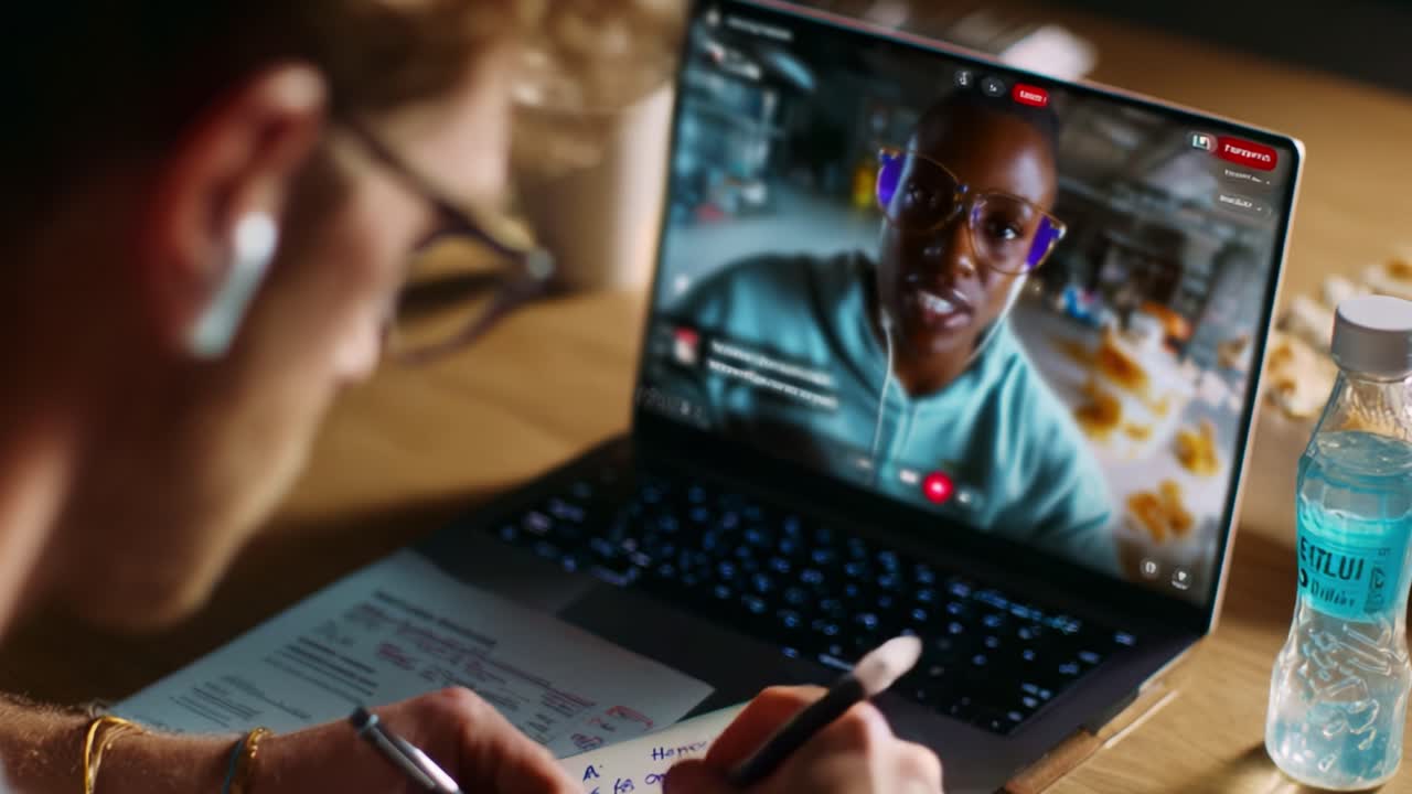 Engaging Virtual Meeting: A Person Taking Notes While Videoconferencing with a Colleague, Showcasing Modern Remote Work and Collaboration Techniques