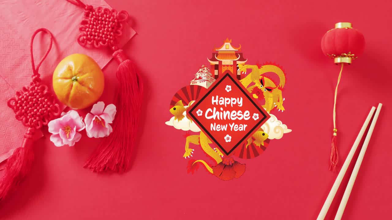 Animation of new year greetings text over chinese traditional decorations on red background