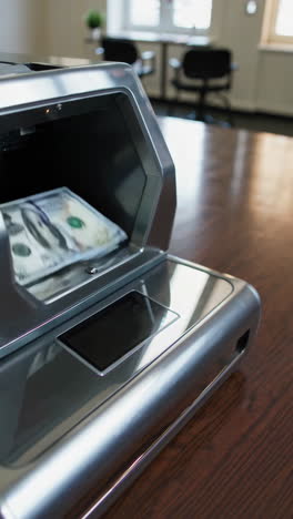modern cash counting machine with dollar bills