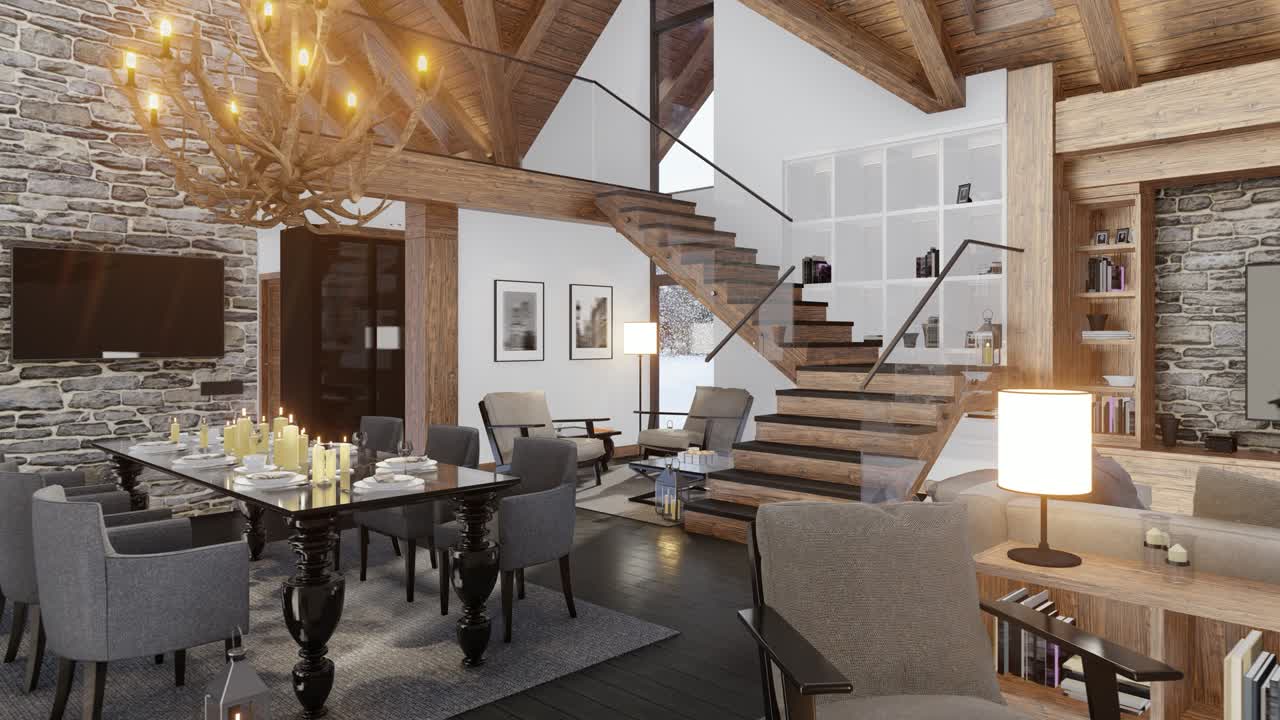 rendering de video 4k de la acogedora sala de estar