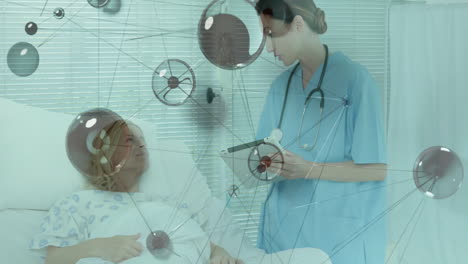 nurse reviewing patient data in hospital room, with animated heart icon showing vital trends