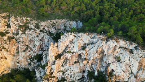 Hikers-rest-on-a-rocky-cliff-among-trees-with-a-view-of-the-green-landscape-during-sunset-in-ibiza