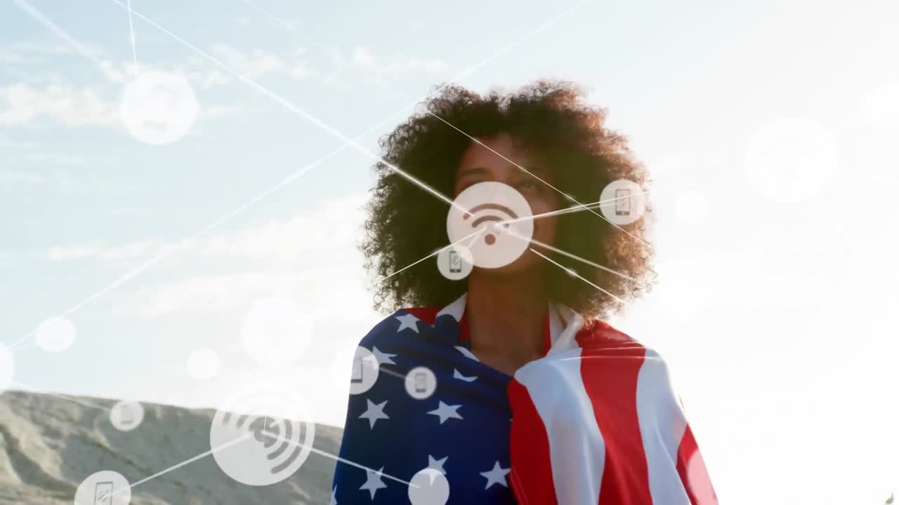 animación de una red de conexiones sobre una mujer feliz en la playa