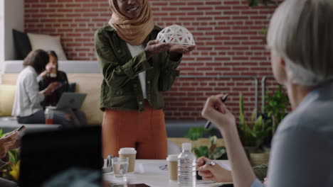 muslim-business-woman-presenting-geodesic-dome-model-in-office-meeting-colleagues-brainstorming-creative-design-solution-discussing-engineering-ideas-in-startup-workplace-presentation