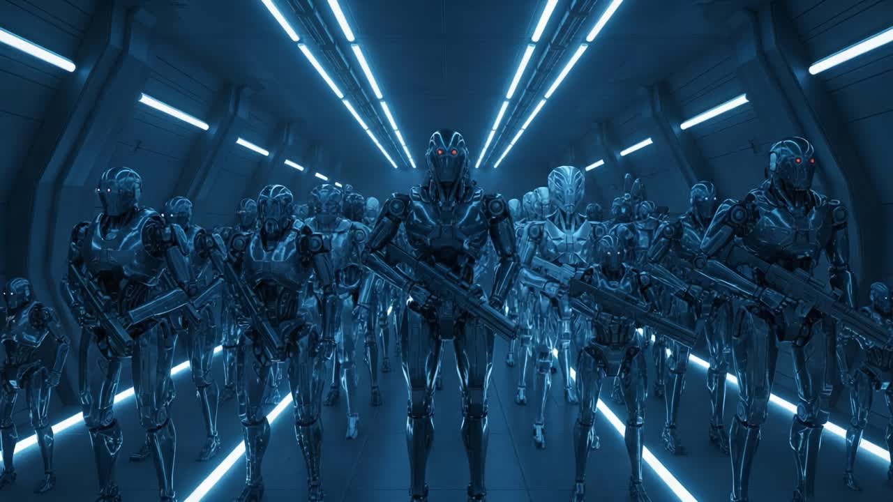 In an ominous futuristic corridor, a battalion of highly advanced robotic beings stands ready with weapons, showcasing a striking blend of technology and artificial intelligence.