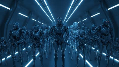 in an ominous futuristic corridor, a battalion of highly advanced robotic beings stands ready with weapons, showcasing a striking blend of technology and artificial intelligence.