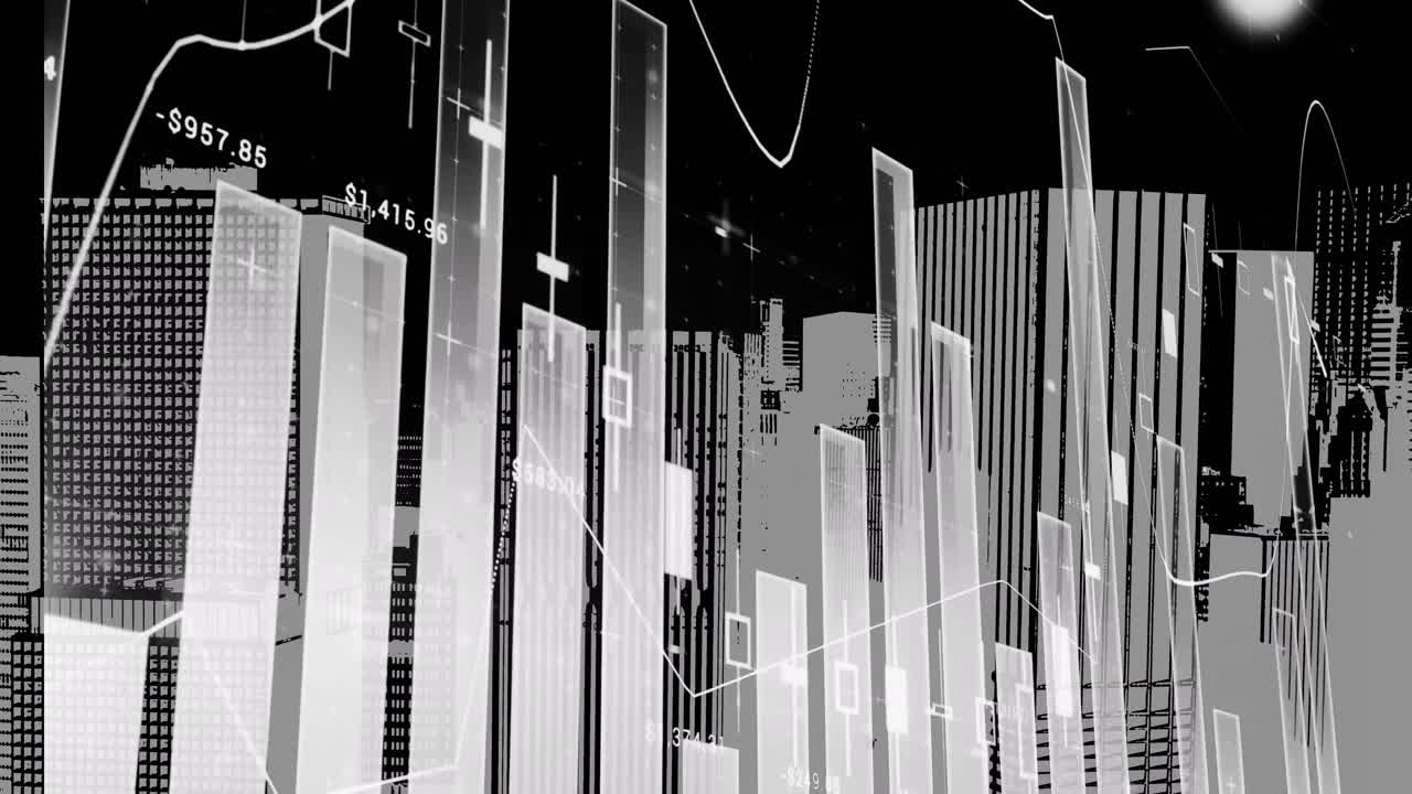 도시 풍경 위의 금융 데이터 처리 애니메이션