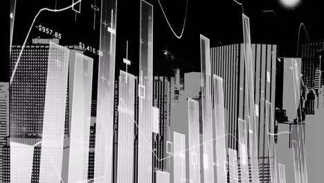 animación del procesamiento de datos financieros sobre el paisaje urbano