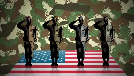 four figures of soldiers saluting over american flag against camouflage background