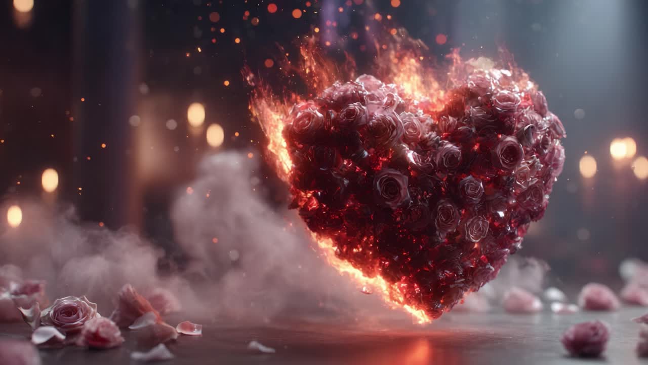 An Exquisite Heart Burning with Passion: A Captivating Display of Rose Petals and Flames Representing Love's Intensity and Beauty in a Stunning Visual Artwork