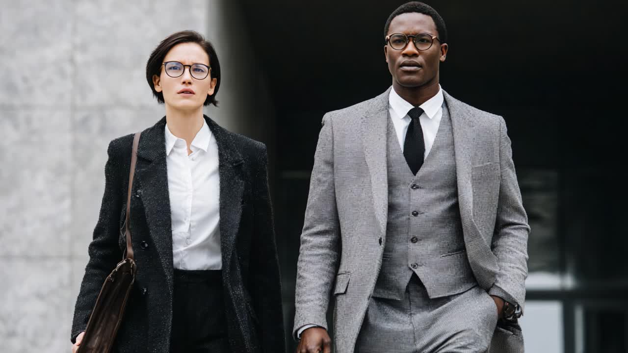 A Confident Business Duo: A Professional Man and Woman Exude Composure and Style as They Walk Together in a Modern Urban Environment, Showcasing Their Business Attire