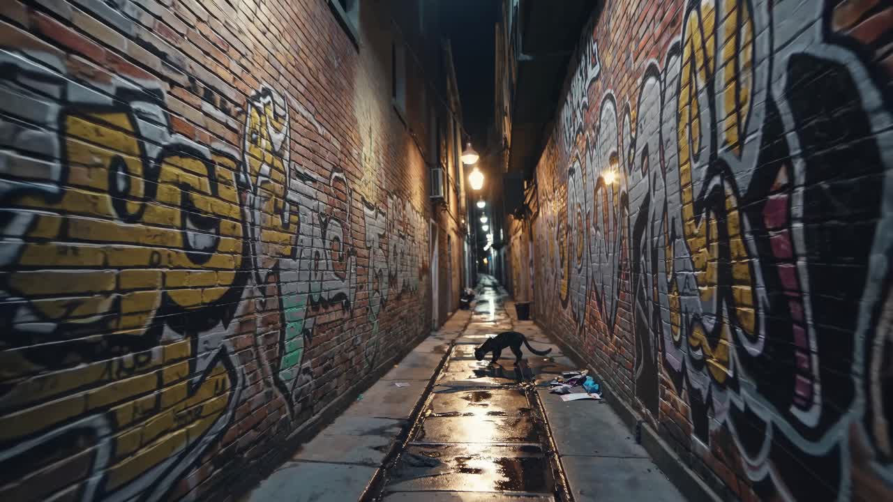A low-angle video shot of a graffiti-covered alley at night, featuring a cat walking