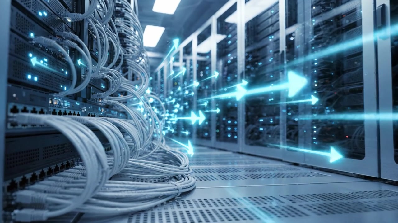 High-Tech Data Center with Complex Server Racks and Illuminated Network Cables Streamlining Data Flow for Enhanced Computing Efficiency and Connectivity.