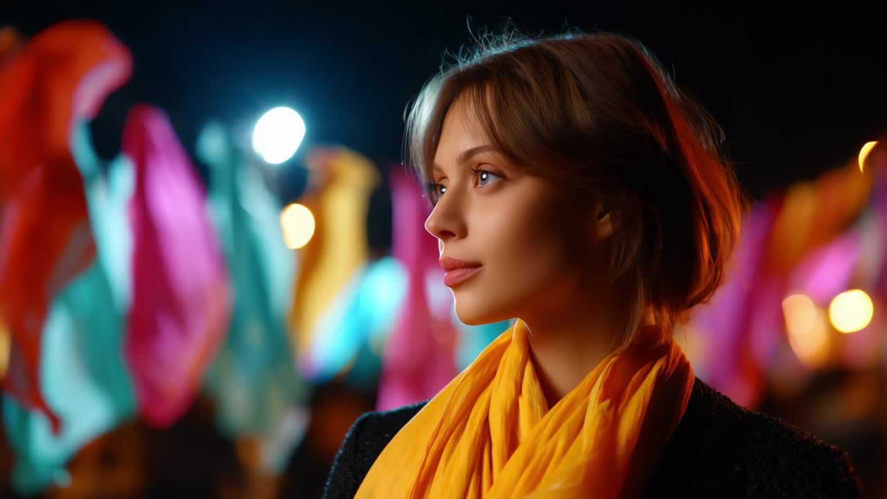 A captivating close-up of a young woman glancing thoughtfully to the side, set against a vibrant backdrop filled with colorful flowing fabric. The warm lights enhance her serene expression and stylish scarf