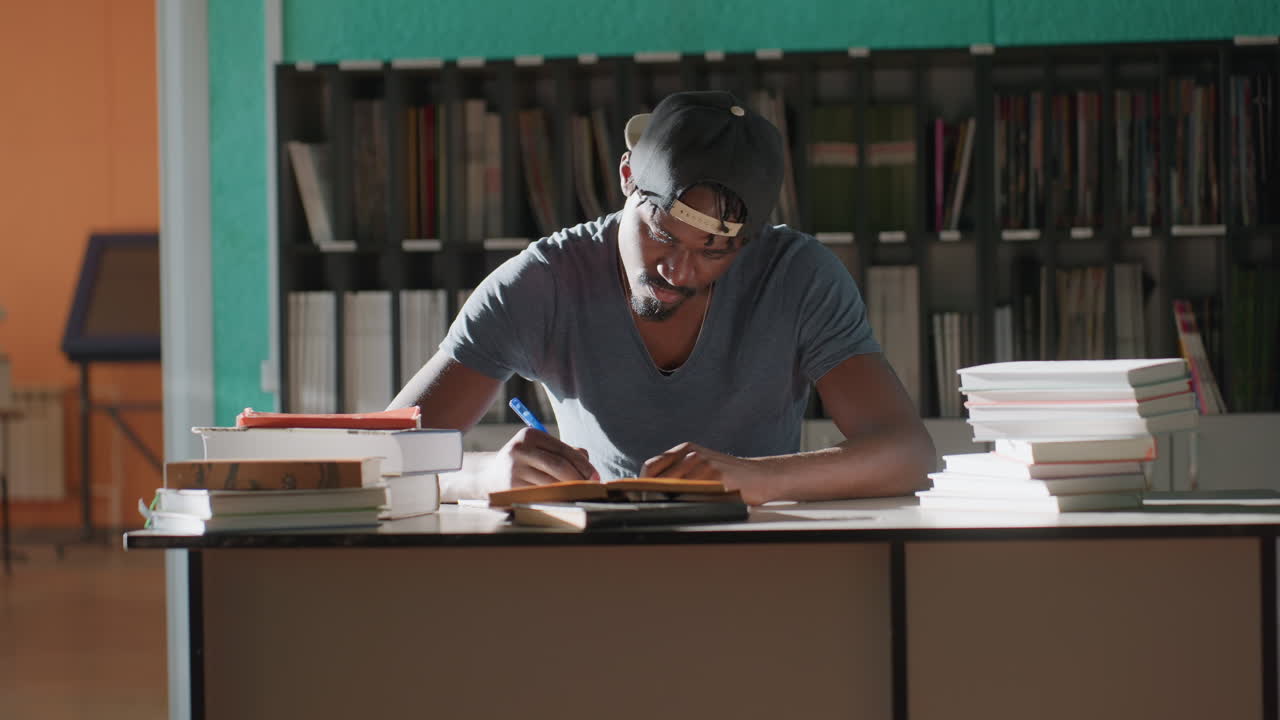 Student wearing cap sits at library table surrounded by stacks of books, writing notes with pen, teal and orange walls and shelves behind, warm sunlight casting calm studying atmosphere