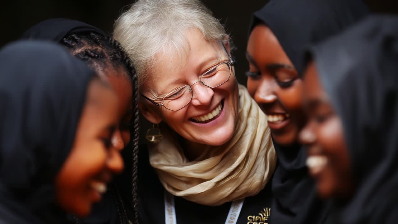 A Heartwarming Moment of Connection: A Smiling Woman Engaged with a Group of Young Girls in Headscarves, Celebrating Joy and Togetherness in a Shared Experience