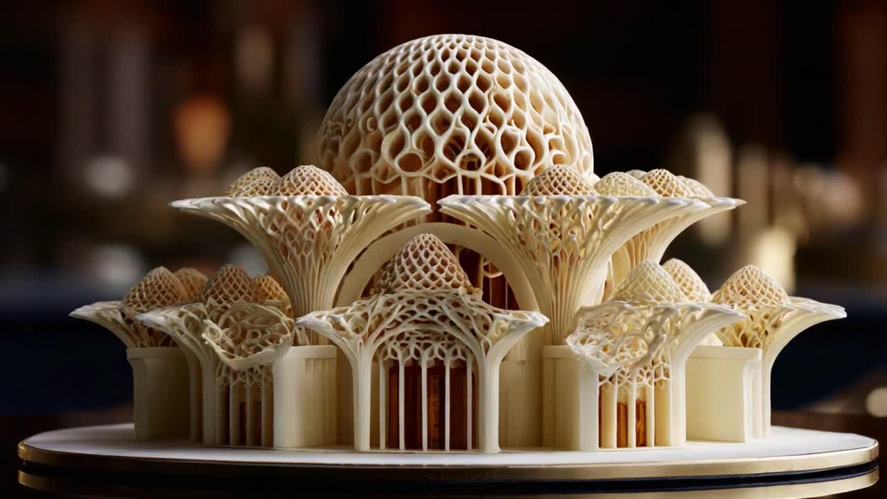 Intricate Architectural Model Showcasing Innovative Design and Artistry through Expansive Patterns and Textures, Blending Nature-inspired Shapes with Futuristic Aesthetics