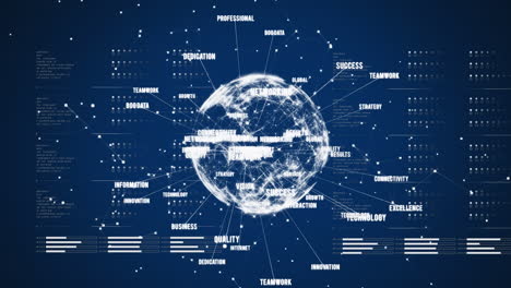 animation of globe of network of connections with business text and data processing