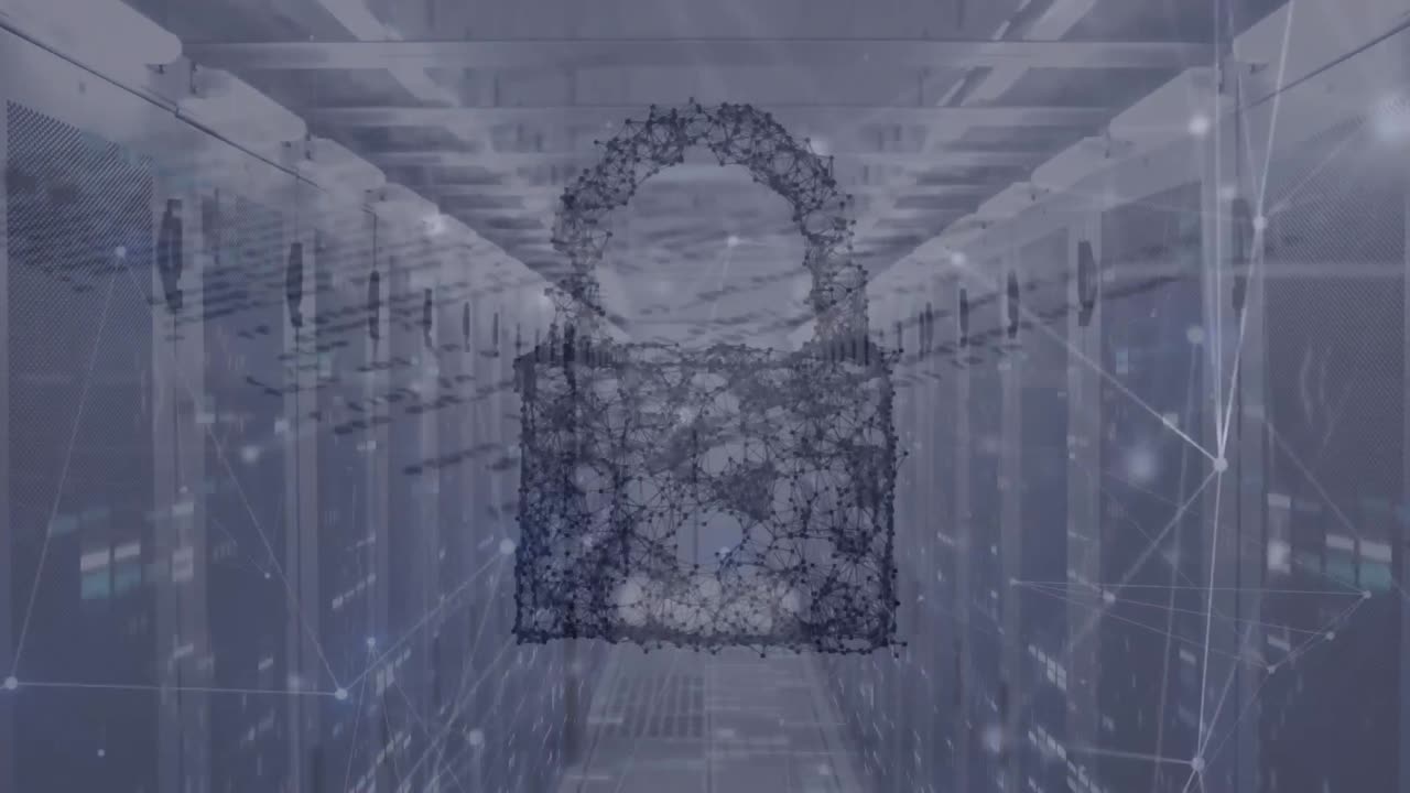 보안 잠금 아이콘, 연결 네트워크 및 서버  ⁇ 에 대한 데이터 처리 애니메이션