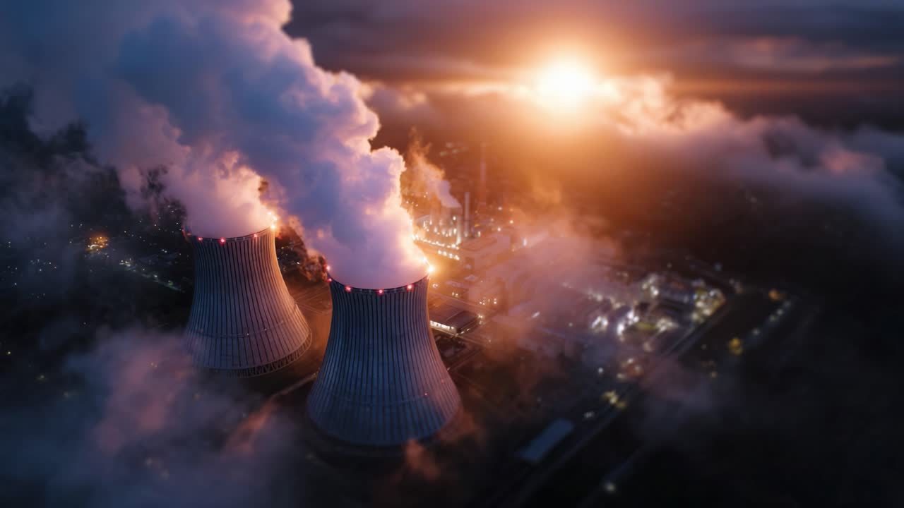 Alba spettacolare su una centrale elettrica con torri di raffreddamento che emettono vapore in uno skyline nebbioso, catturando il contrasto tra industria e natura.