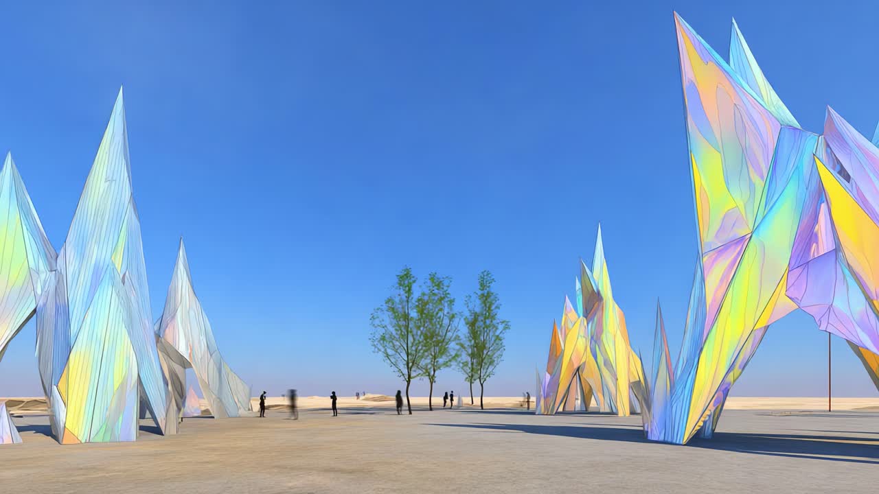 An artistic landscape featuring vibrant, crystalline structures reaching towards a clear blue sky, surrounded by greenery and hinting at a creative outdoor installation