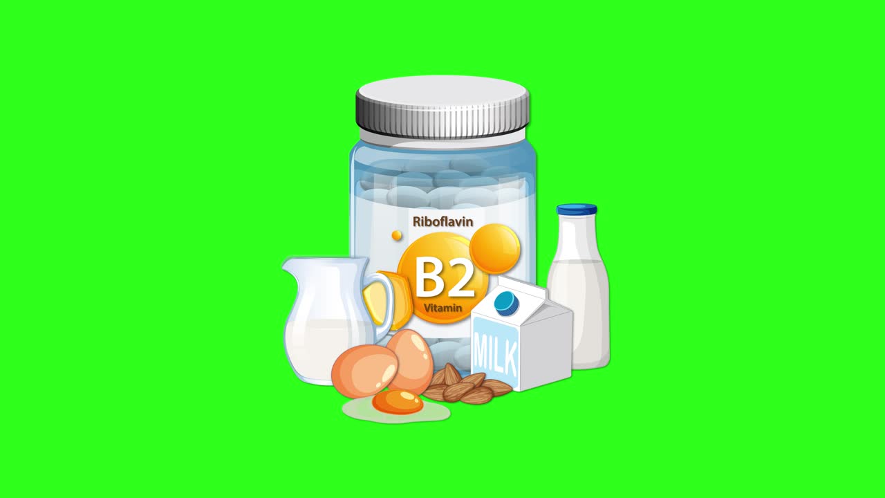 Vitamin B2 bottle with eggs, milk, and dairy products animates onto a vibrant green background
