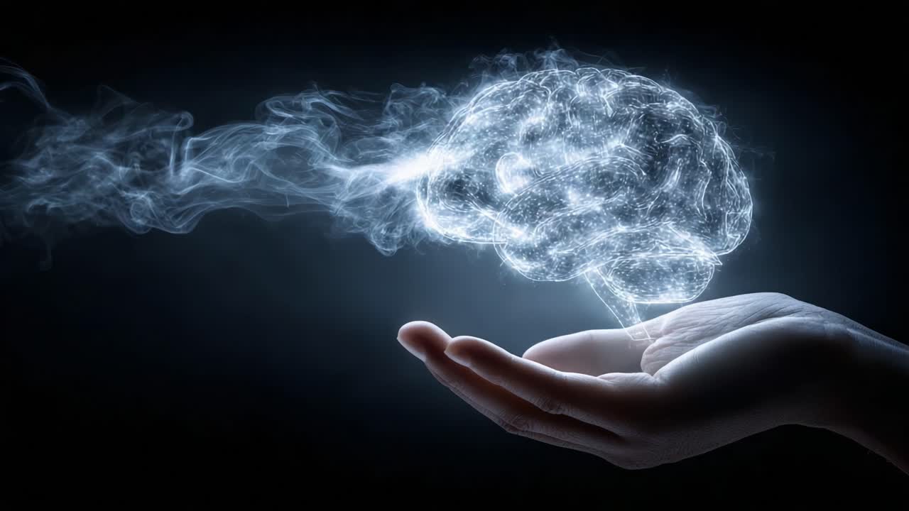 An ethereal representation of the mind's power, illustrated by a glowing brain emanating from a hand, symbolizing creativity and innovative thought processes