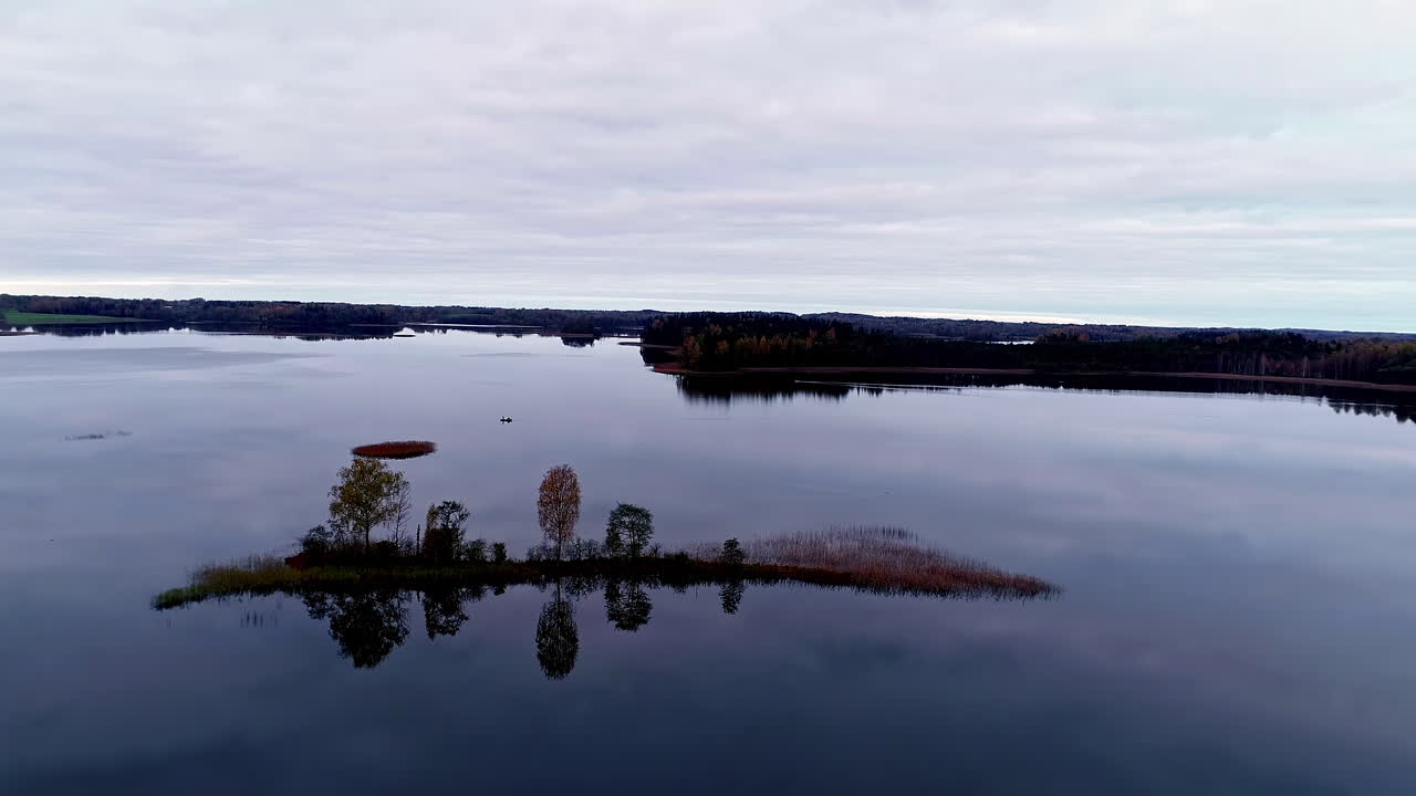 작은 섬과 잔잔한 바닷물에 있는 나무의 전방 공중, 아래로 기울기