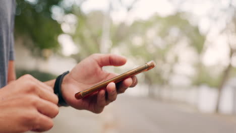 phone, communication and hand of man typing