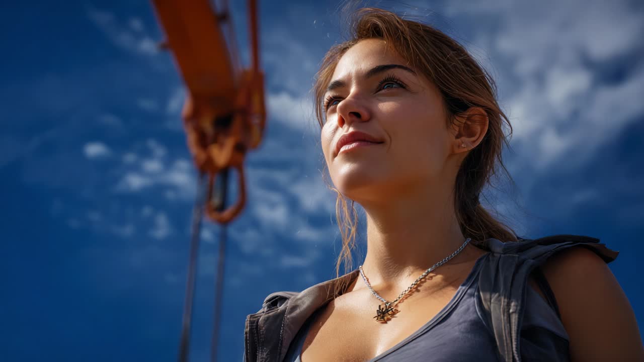 A Young Woman Gazes Upward Against a Stunning Blue Sky, Captured in Two Moments of Contemplation and Reflection Amidst the Industrial Landscape of a Construction Site, Exuding Strength and Ambition