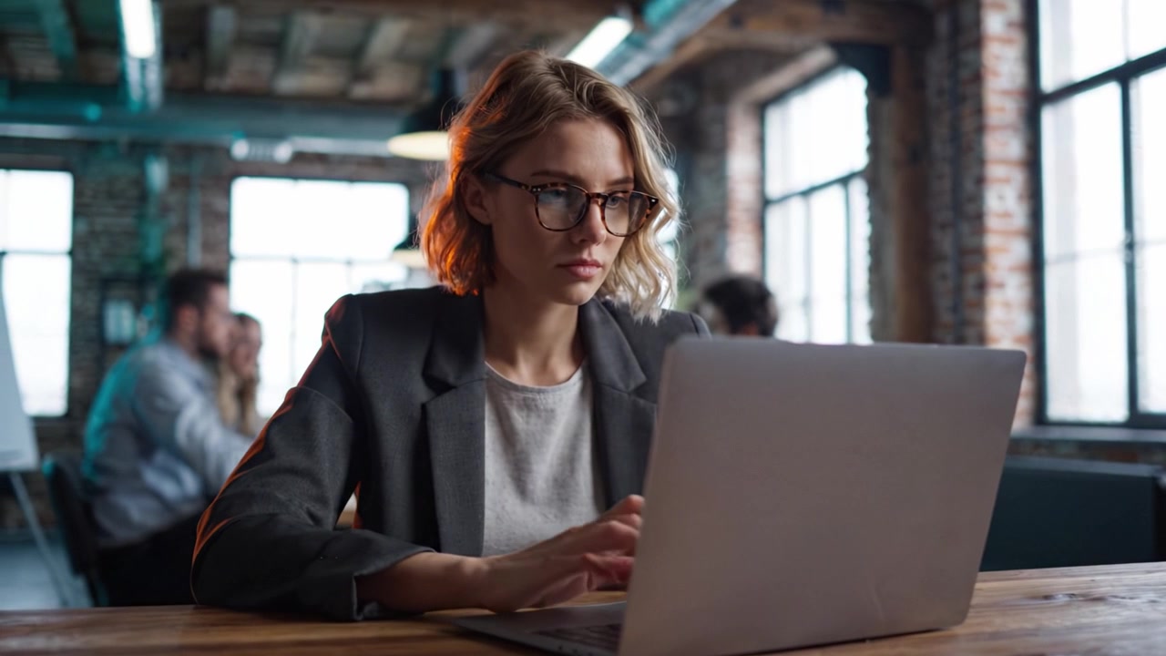 Professionista Concentrato che Lavora al Laptop in un Moderno Ambiente d'Ufficio Circondato da Colleghi Impegnati in Discussioni Collaborative e Attività di Risoluzione dei Problemi