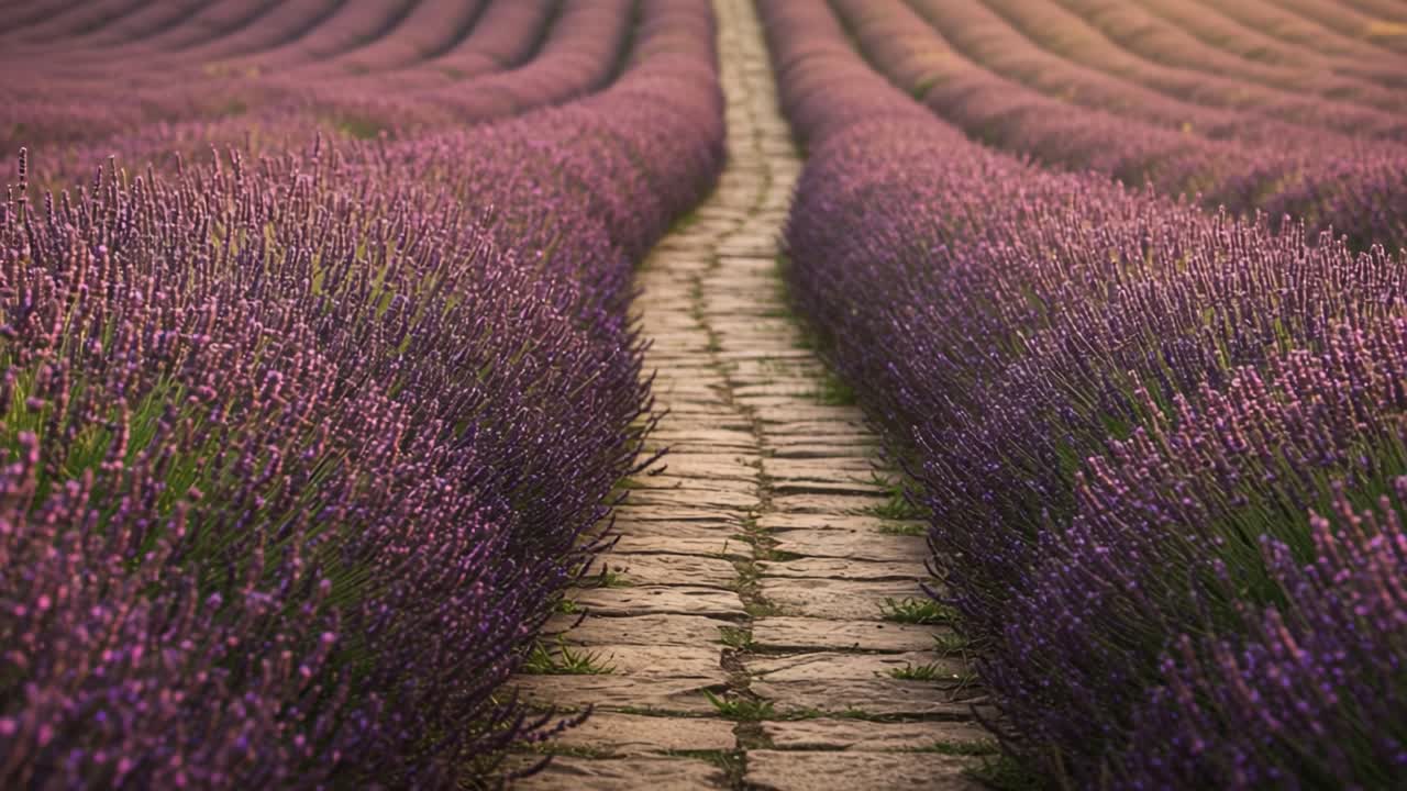 A Serene Pathway Through a Beautiful Lavender Field, Showcasing the Majestic Rows of Purple Blooms and Their Inviting Aroma Under Soft Sunlight