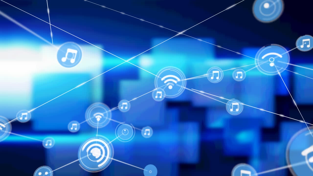 Network of digital icons against square shapes and spot of light on blue background