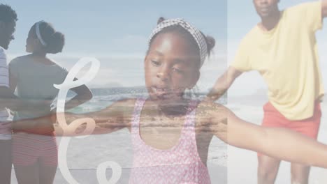 animación de formas sobre una familia afroamericana en la playa