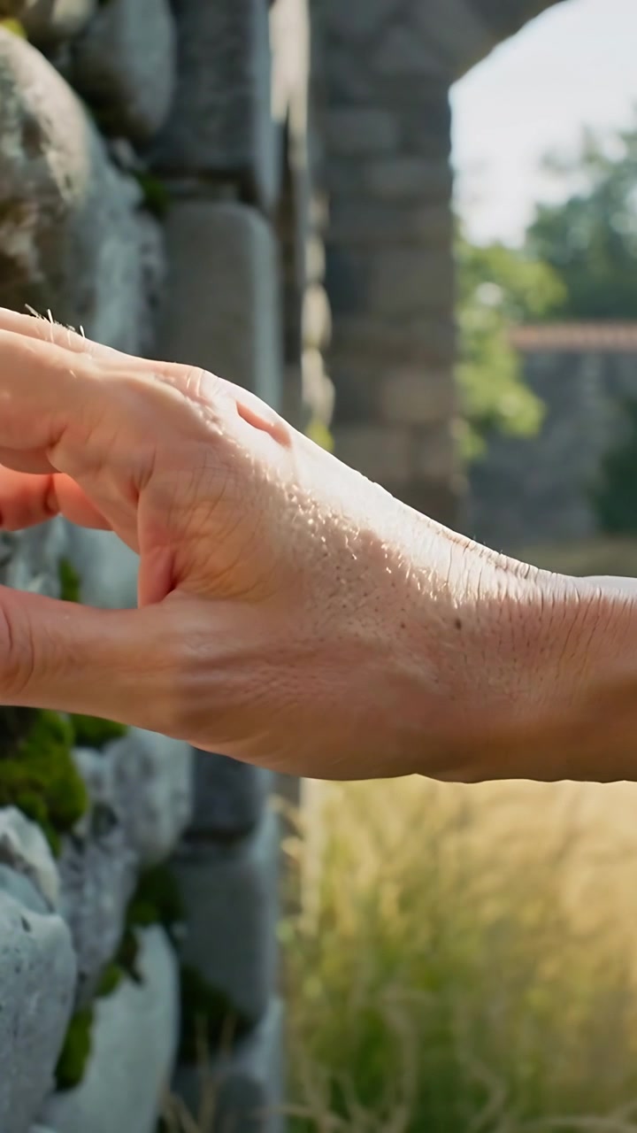 Video verticale: Una mano destra si avvicina, scivolando lungo un muro di pietra rotondo presso un arco accogliente, ispezionando il muschio.