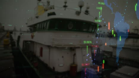 statistical data processing over world map against ship at the port