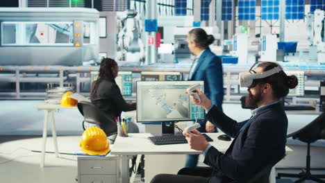 engineer in photovoltaics factory using vr headset to diagnose systems