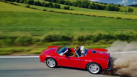 cartoon animal driving a red vintage convertible