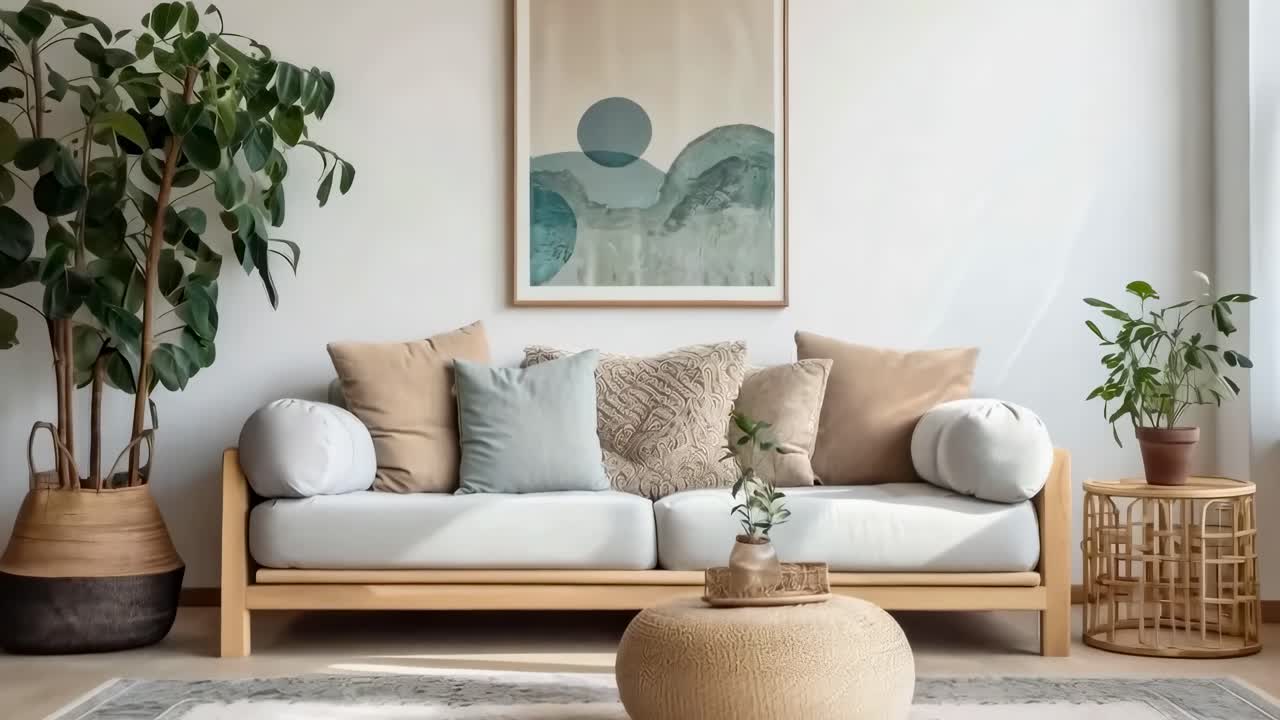 A cozy living room video with a straight-on camera angle, showcasing a sofa with patterned cushions