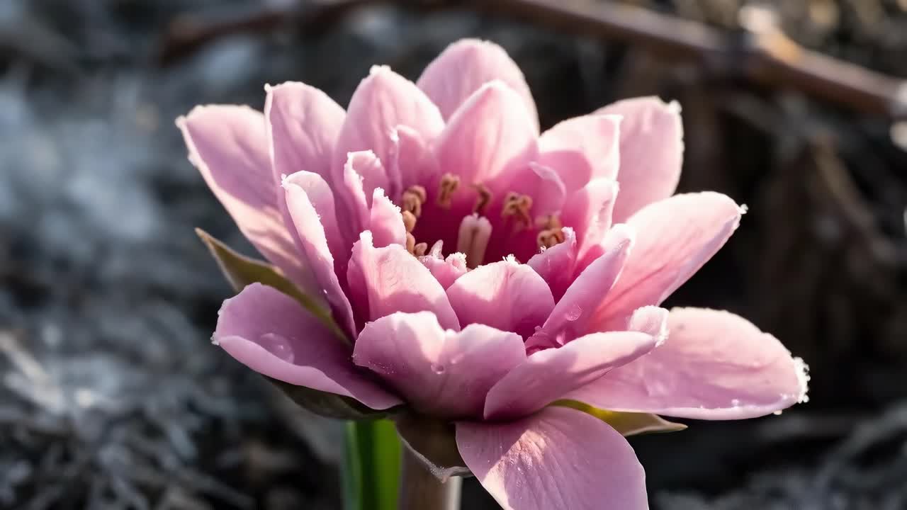 Close-up video shot of a frosted flower bud, capturing winter's beauty from a low angle