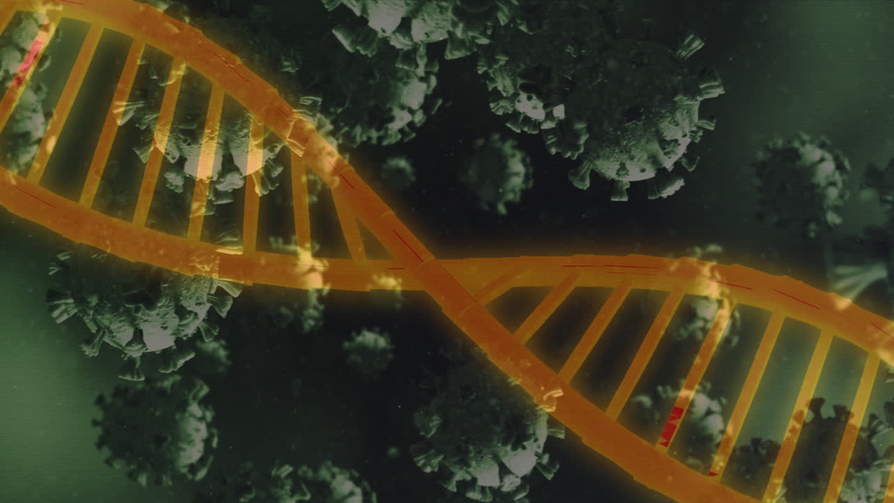 animación de células de adn y coronavirus sobre un fondo verde degradado.