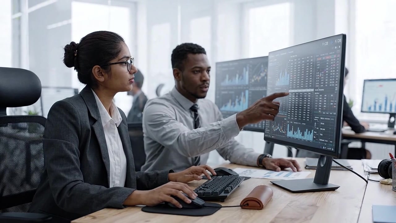 Dynamic Professionals Collaborating in a Modern Office Environment Focused on Data Analytics and Financial Management Through High-Tech Computer Displays