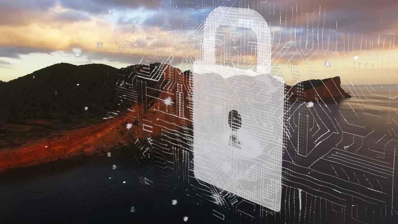 Digital lock and circuit pattern animation over scenic coastal landscape
