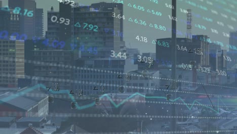 animation of stock market data processing against aerial view of cityscape