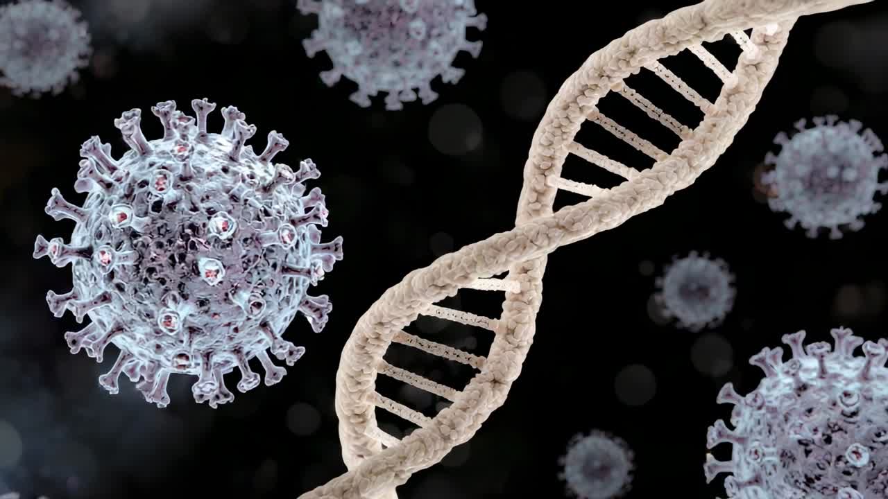 Rotating coronavirus and twisting DNA helix starting lab simulation, viruses drifting, copy space
