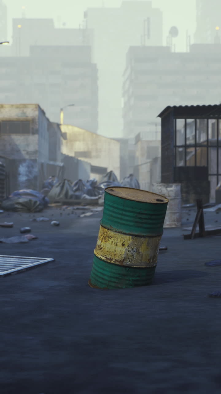 Abandoned street with debris and a solitary barrel in a deserted city