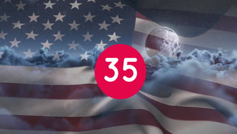 animation of counter numbers over clouds and flag of usa